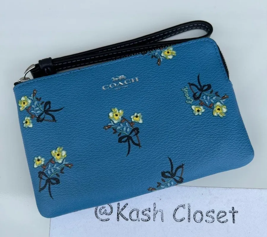 Blue Corner Zip Wristlet With Bow Floral Print