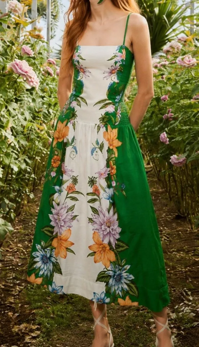 Farm Rio Sweet Bloom Dreamscape Floral Linen Midi Dress Size M