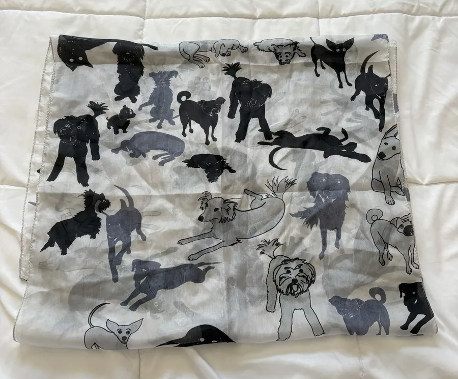 Vintage Dog Lover Womens Scarf 100% Silk Shawl Gray Feminine Whimsy Coquette