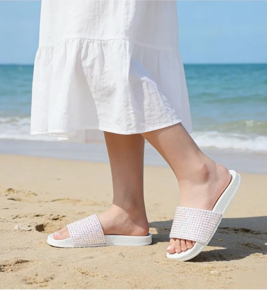 White Rhinestone Slide Sandals for Women