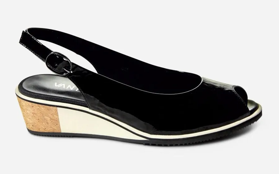 (RF) VANELi Baise Black Patent Leather Wedge Sandals Size 8.5 8