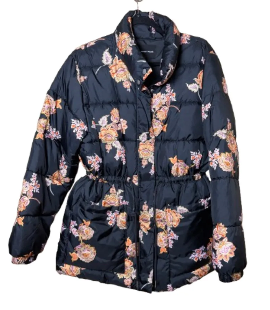 WHO WHAT WEAR Cinch Waist Floral Black Quilted Puffer Size large
