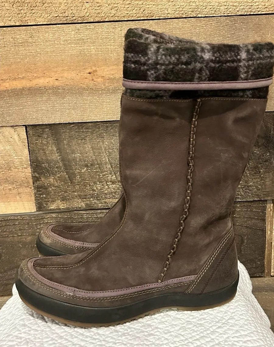 Ecco Soft Boots Faux Fur Lined Suede Brown Purple Plaid Snow Boots Sz 39 8-8-5