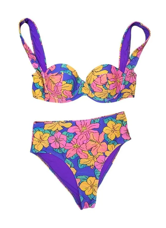 Lovers + Friends Purple Floral Bikini Set High-Waisted Bottoms Underwire Top XS