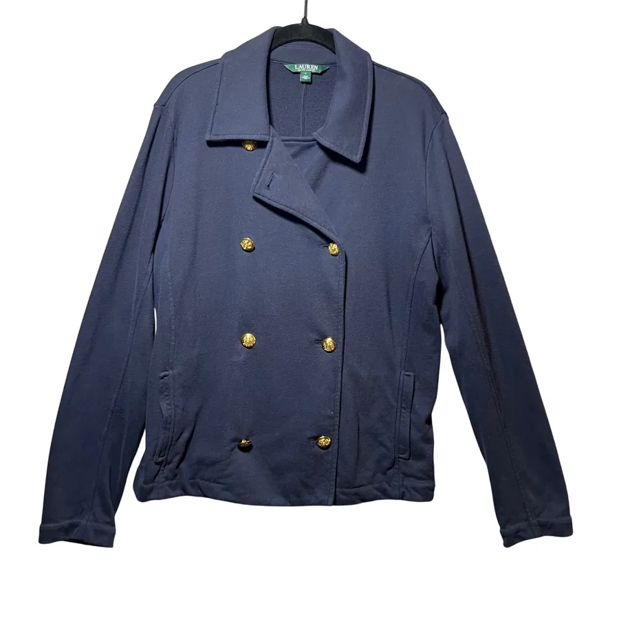 Lauren Ralph Lauren Navy Blue Knit Double Breasted Gold Crest Button Jacket L