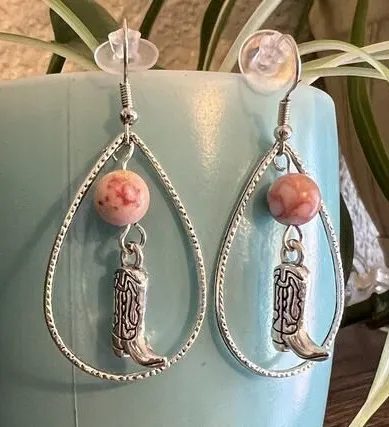 Women’s Cowboy Boot Pink Turquoise Glass Bead & Silver Tone Dangle Earrings NEW