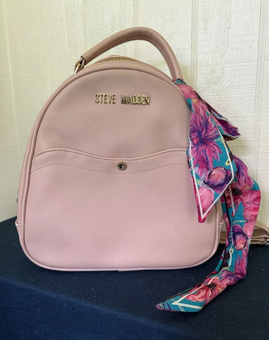 Steve Madden Blush Pink Faux Leather Mini Backpack Floral Scarf Accent Gold Tone