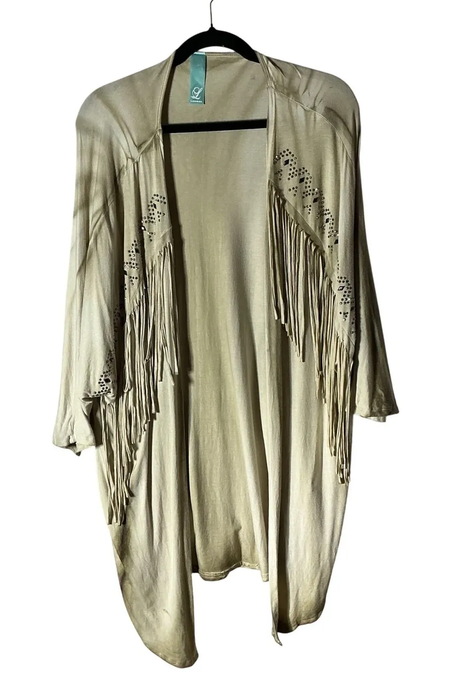 Lawman Western Boho Fringe Cardigan Women XL Khaki Rhinestone Ombre Open Front