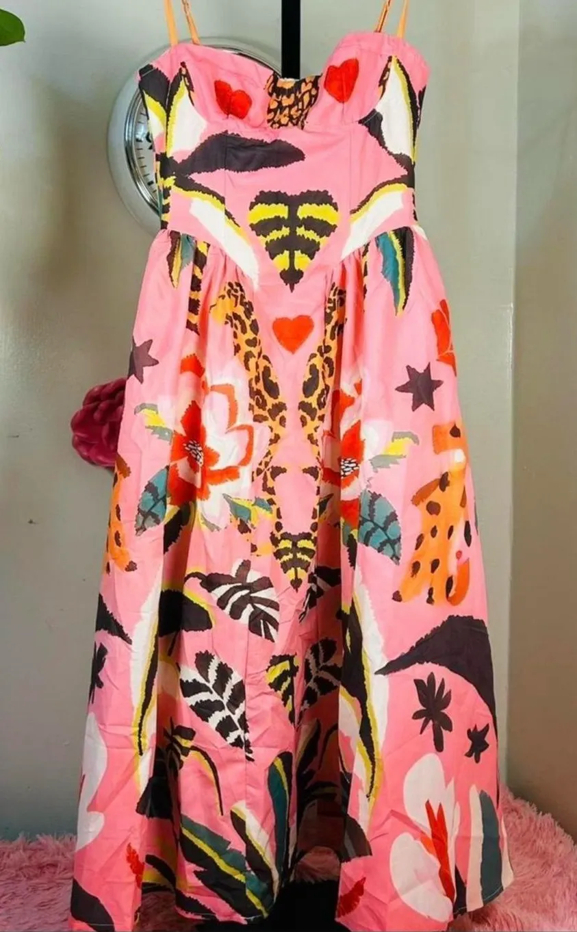 Vibrant Pink Tropical Print Strapless Dress Size L