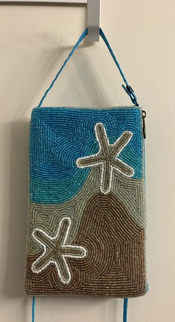 Tropical Beaded Starfish Beachy Crossbody Purse Clutch Blue