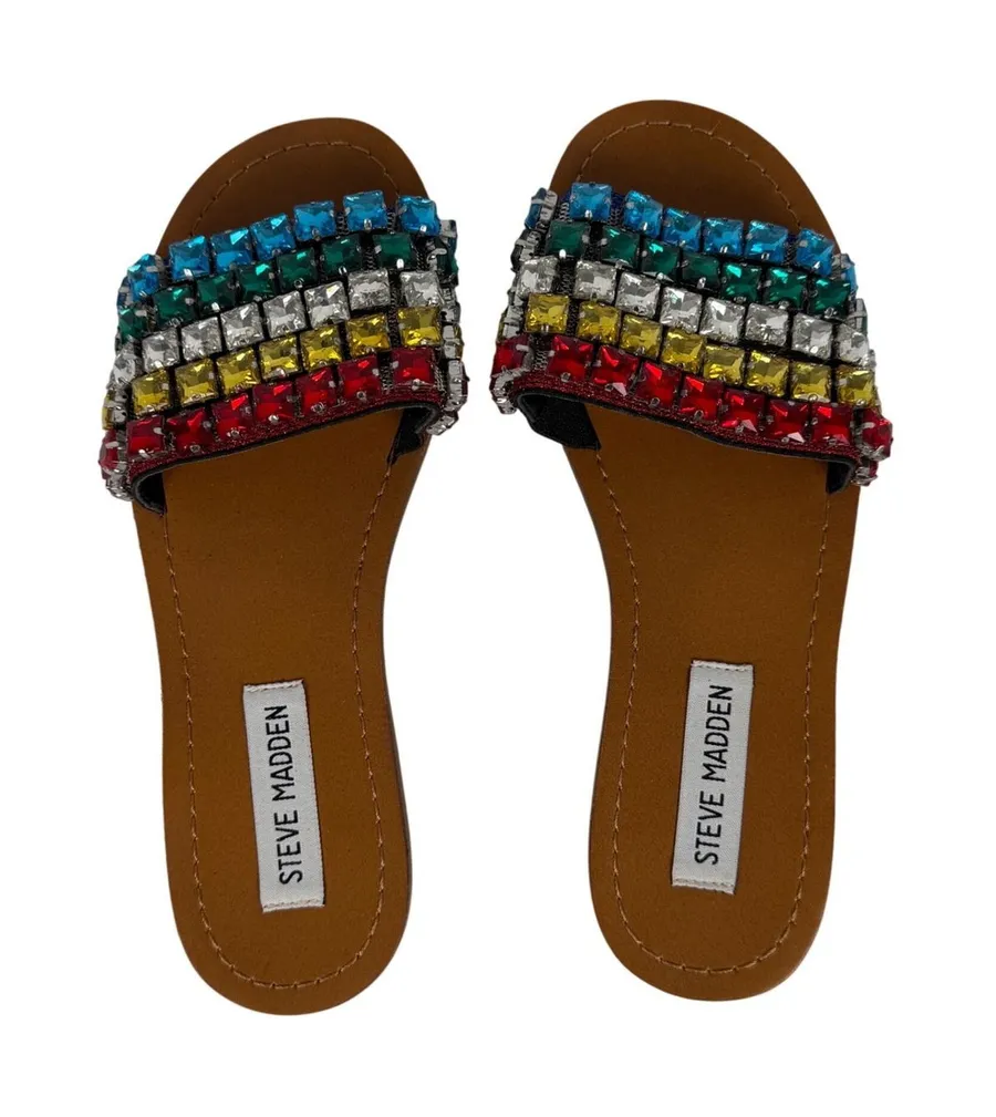 Steve Madden Serenade Slide Sandals Womens 6M Rainbow Rhinestone Multi Color