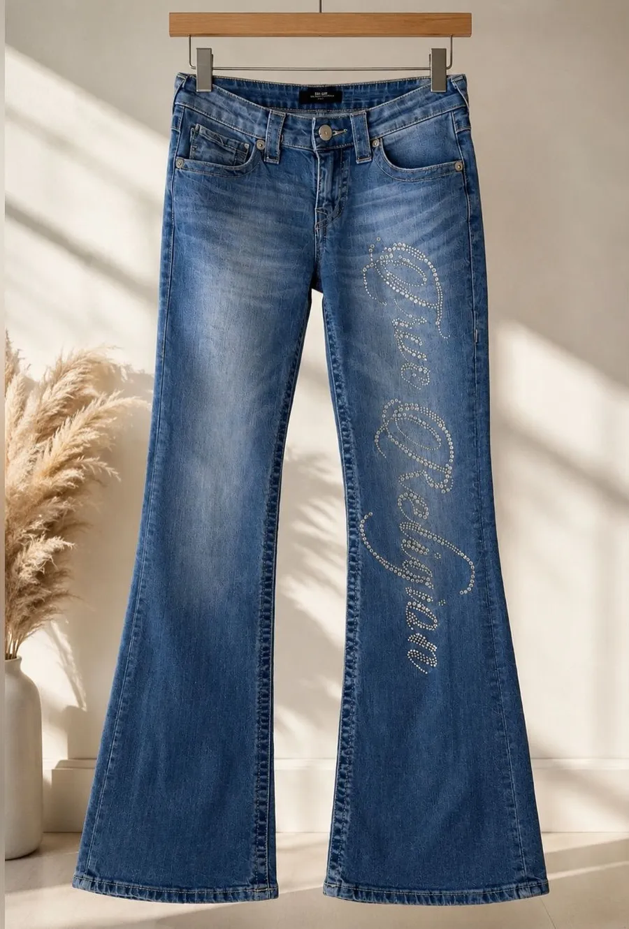 True Religion Blue Flare Jeans with Rhinestone Script