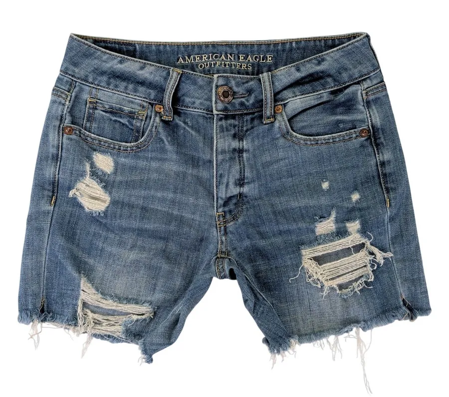 American Eagle Tomgirl Distressed Jean Shorts Womens 00 Blue Denim Button Fly
