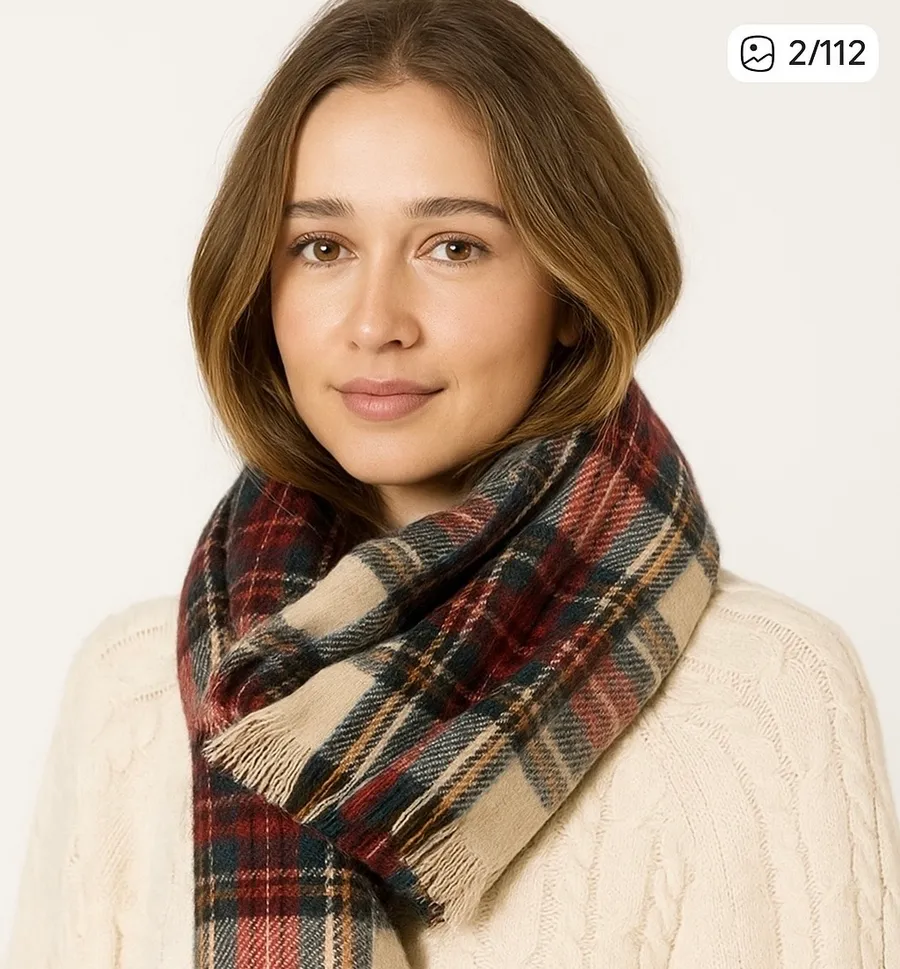 NWOT Red Plaid Fringe Blanket Scarf