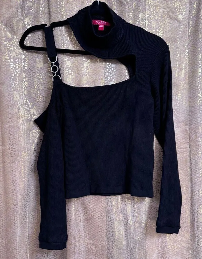 Guess Black Ribbed Asymmetrical Sweater Mock Neck Top Large