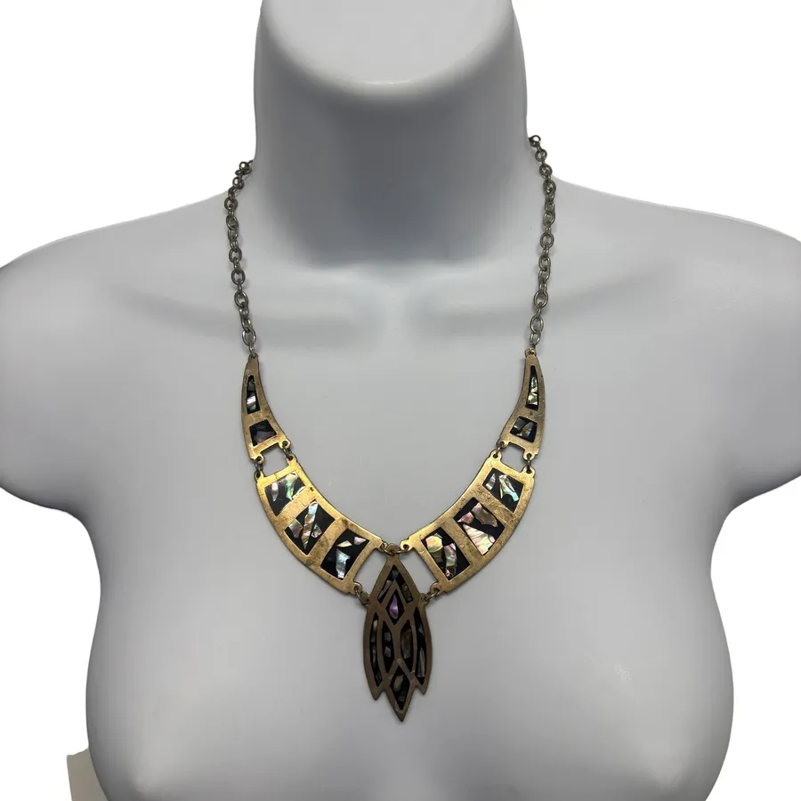 Vtg Alpaca Mexico Abalone Shell Inlay Bib Collar Statement Necklace Gold Tone