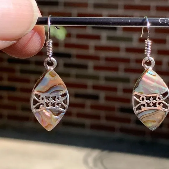 Elegant Women's Silver Abalone Drop Earrings With Scroll Accents