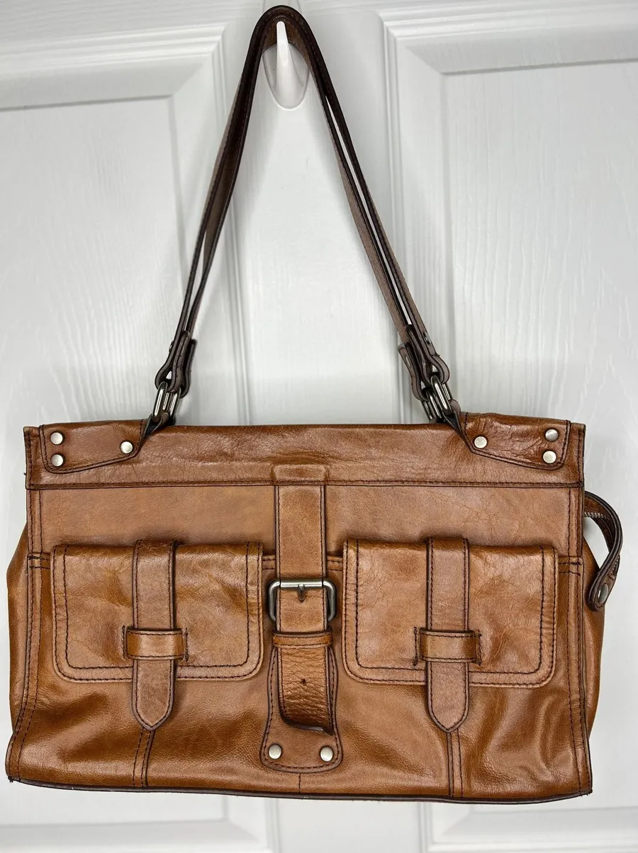 Born Leather Satchel Shoulder Bag Cognac Brown Buckle Pocket Floral Embossed