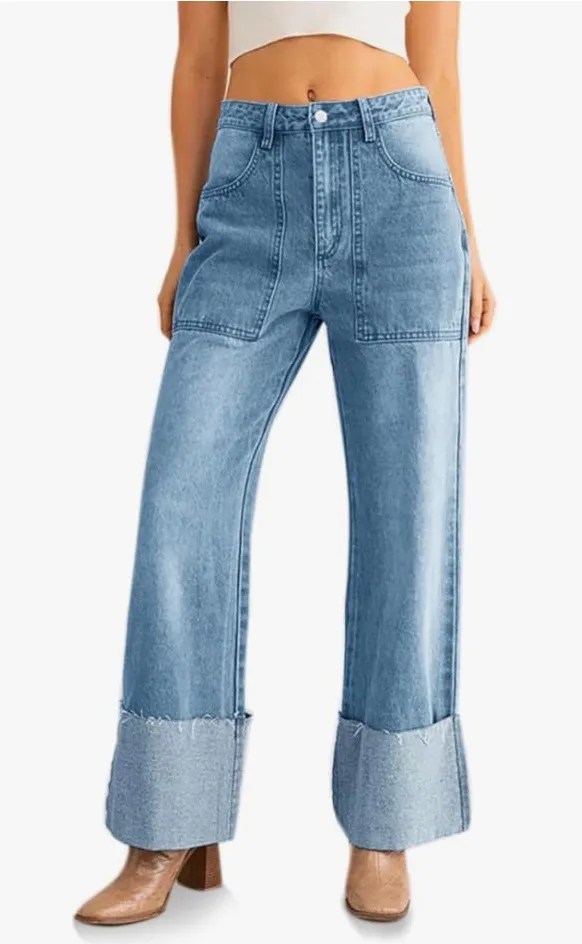 NEW Baggy Cuffed Jeans Casual Boyfriend Denim Pants 10 Blue