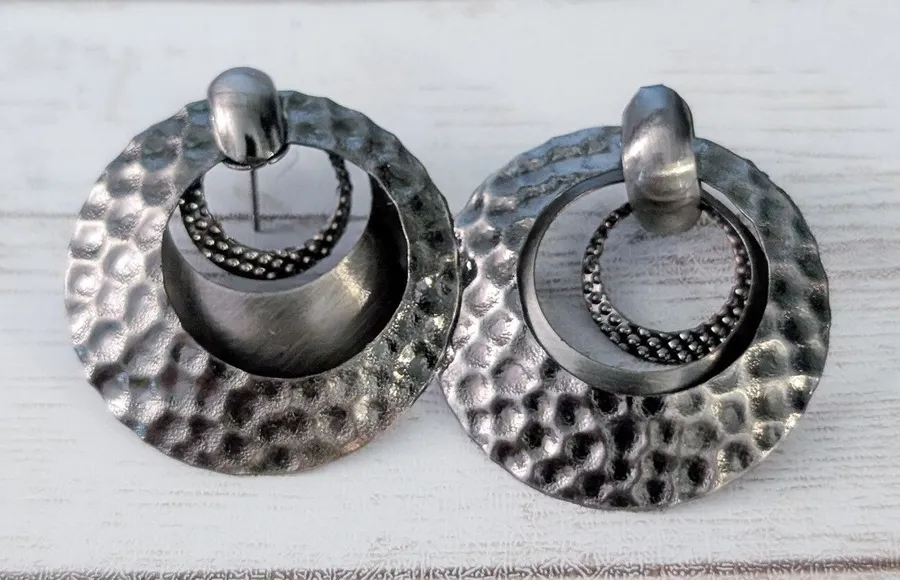 Vintage Stud Earrings Grey/Dark Silver Tone Large Dangle Statement Gray