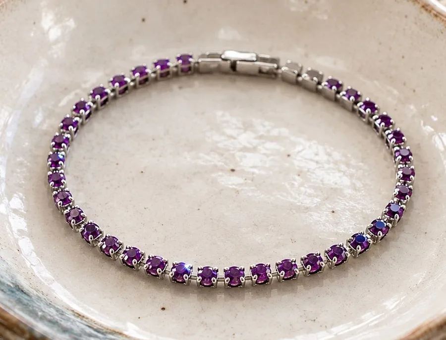 Handcrafted bracelet with sparkly amethyst Swarovski crystal Silver