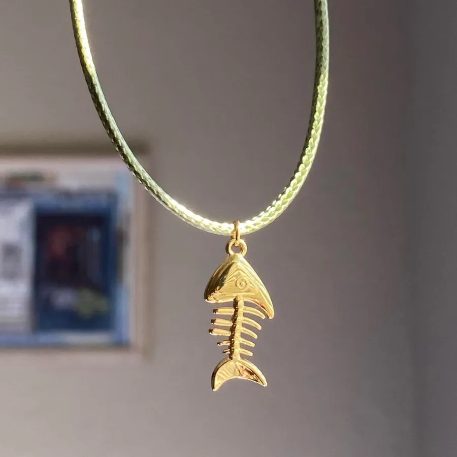 Handmade gold tone stainless steel fish bone boho funky simple necklace🌀🐟🧡