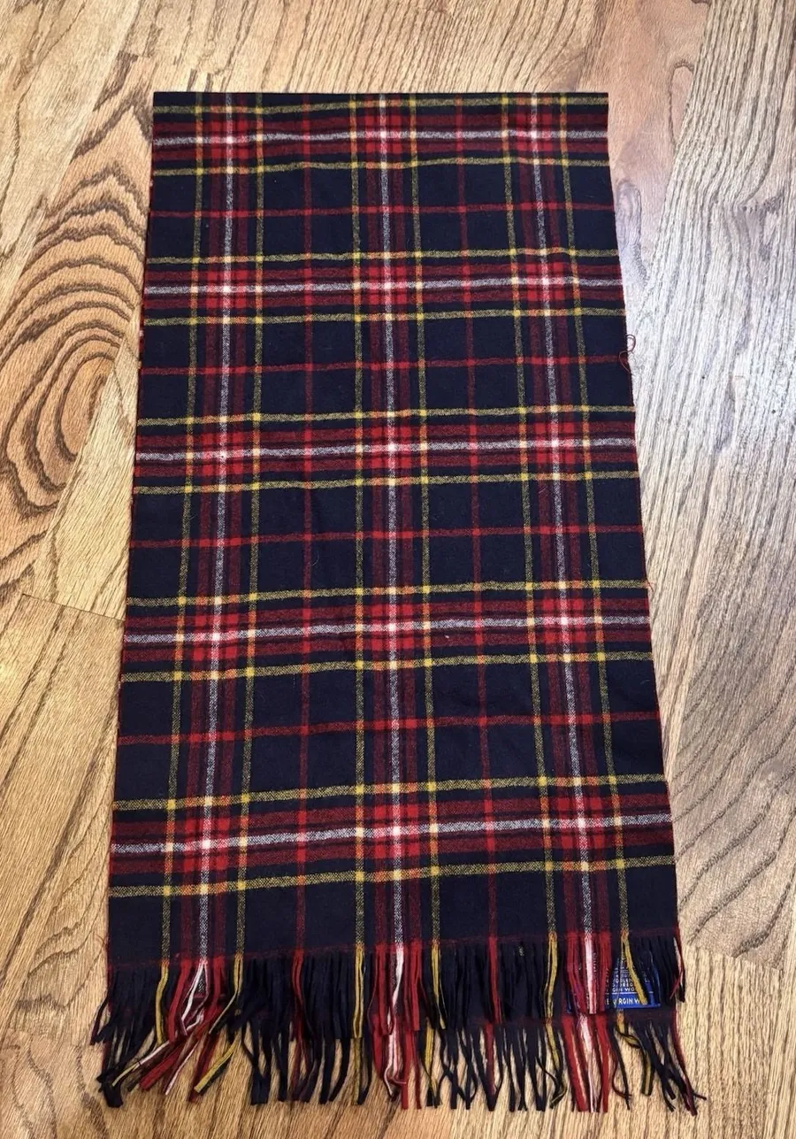 VTG Pendleton Wool Scarf Plaid Tartan Fringe Red Navy Yellow 100% Virgin Wool