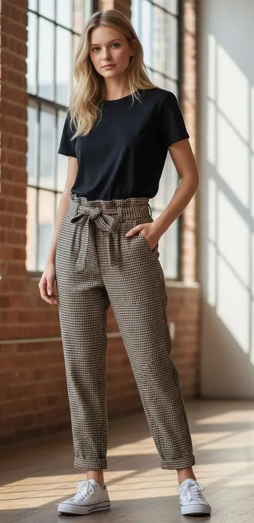 SO Houndstooth Pants Womens Small Brown Excellent Paperbag Waist Tie Belt Cuffed