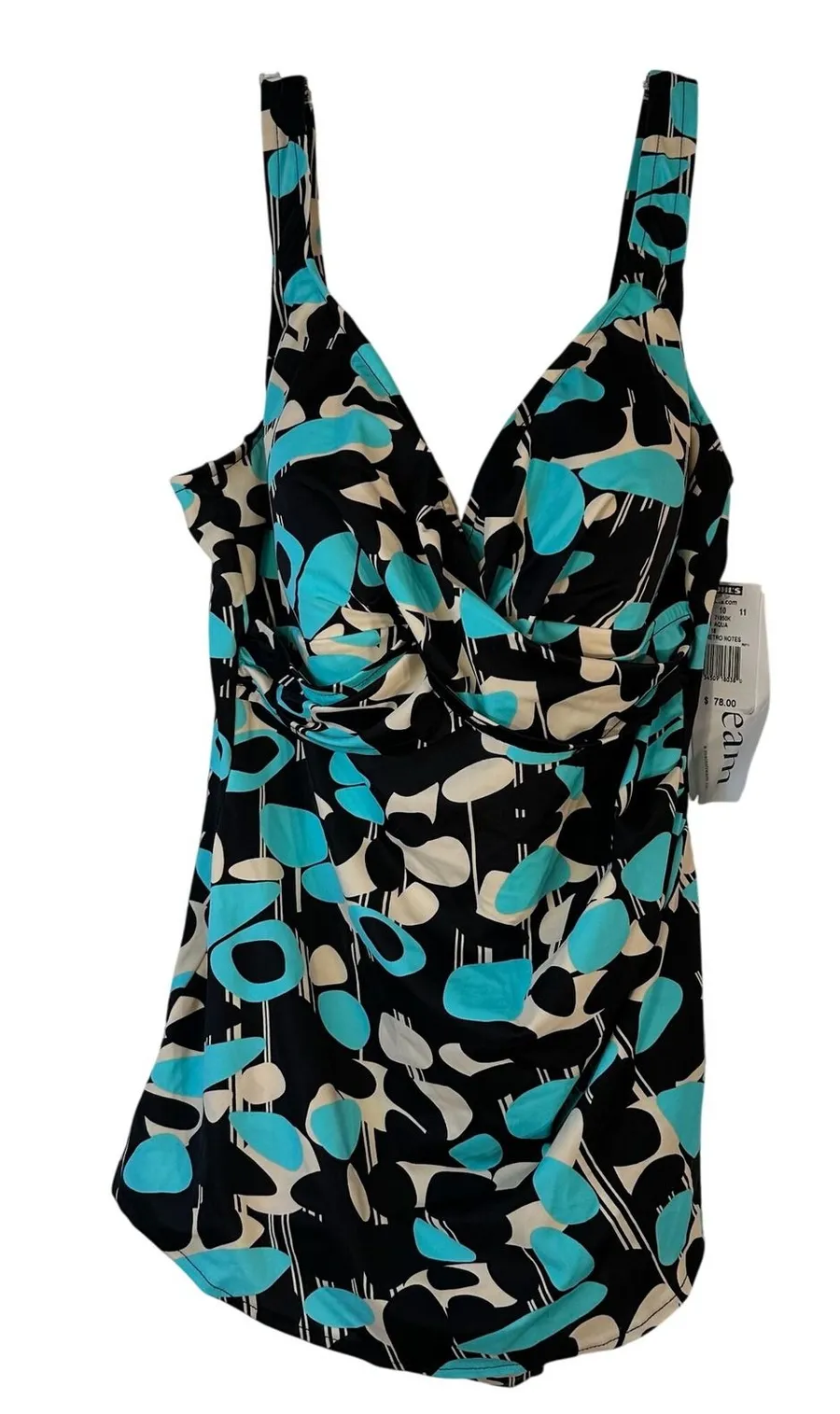 Dream Aqua Retro Notes Geometric One Piece Swimdress Swimsuit Womens 18 71950K Blue