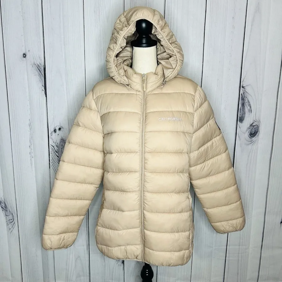 California City Wear Hooded Down Puffer Jacket Lightweight Tan Coat Size L Size L