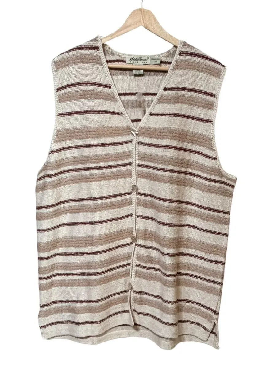Eddie Bauer Vintage Silk Cotton Striped Sweater Vest Cream Tan Burgundy Large