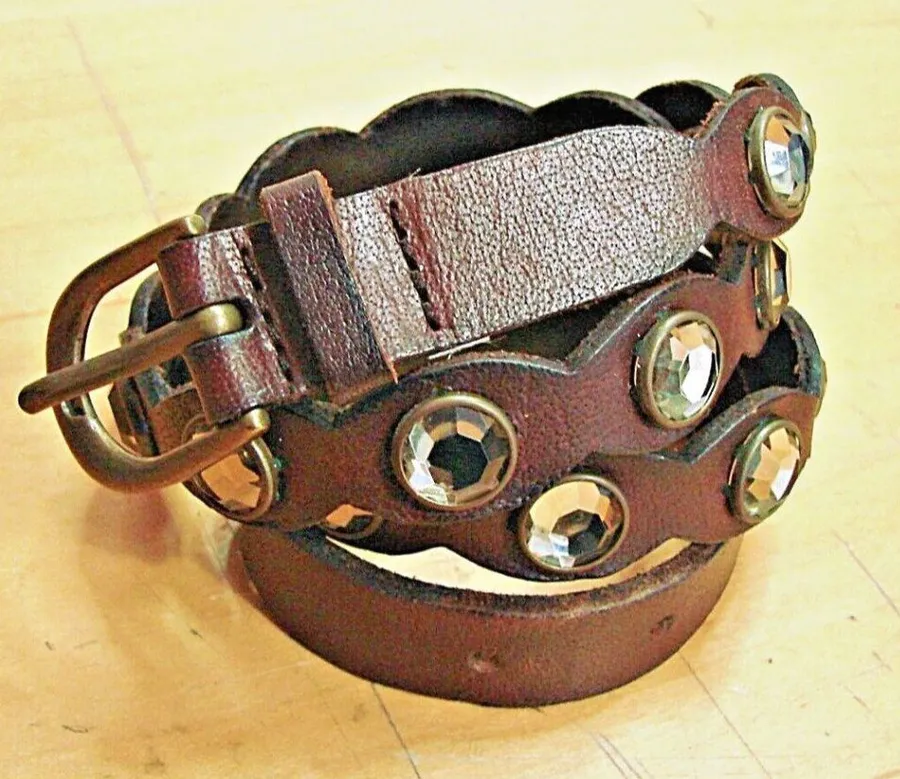 Vintage American Eagle Women Rhinestone Stud Leather Belt L-XL Brown Boho Urban