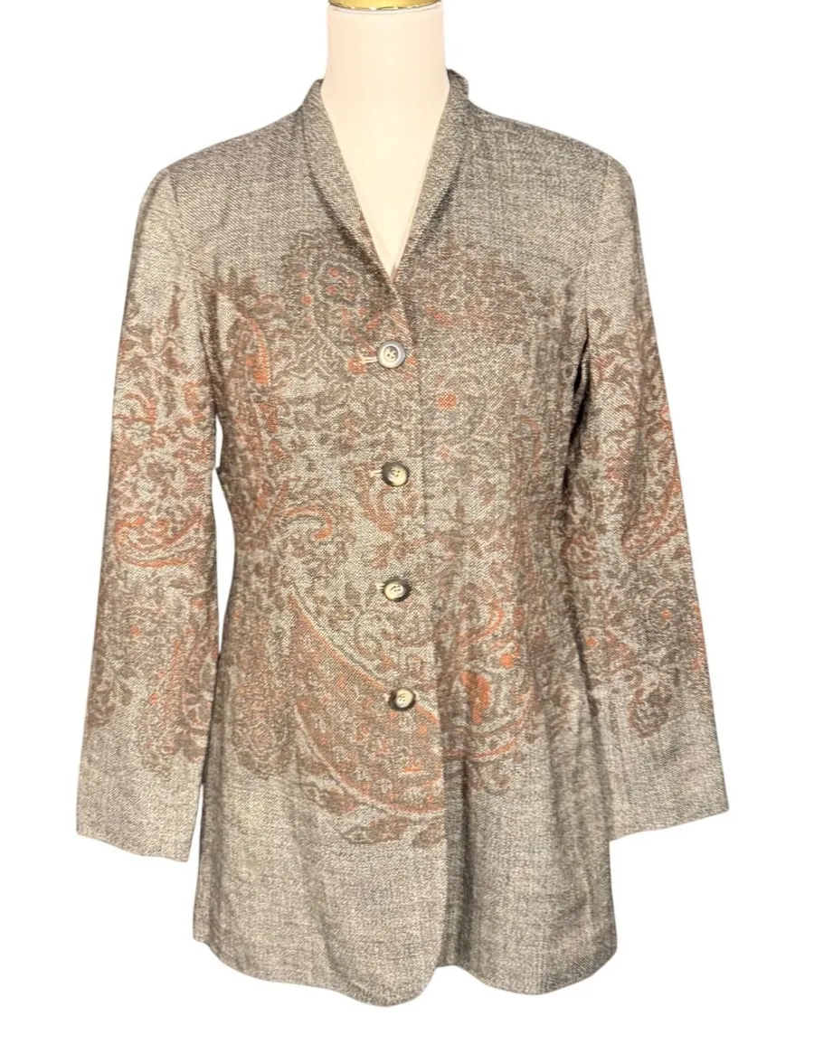 Coldwater Creek Womens Grey Tweed Paisley Print Wool Blend Longline Blazer 4