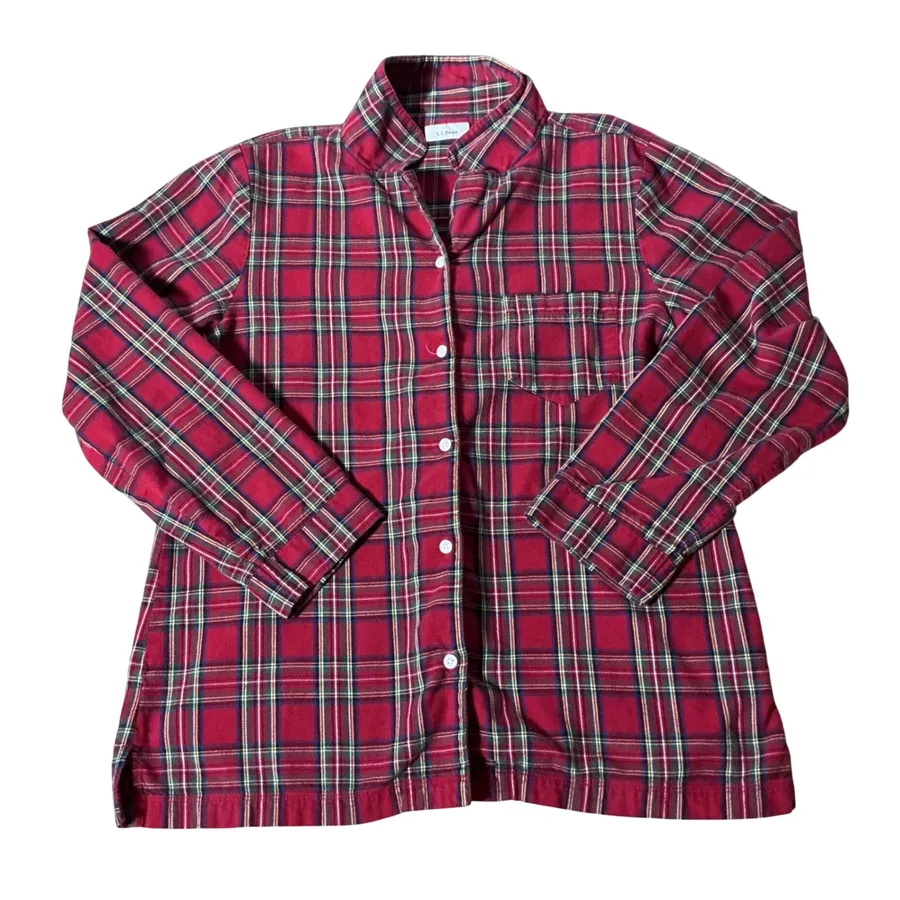 LL Bean Womens Red Tartan Plaid Flannel Pajama Top Button Front M 277969 Size M