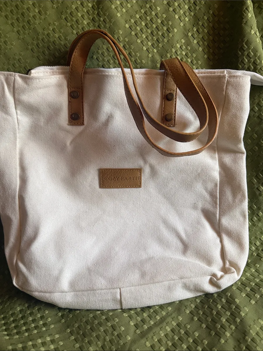 Cozy Earth Cream Canvas Tote with Tan Leather Straps