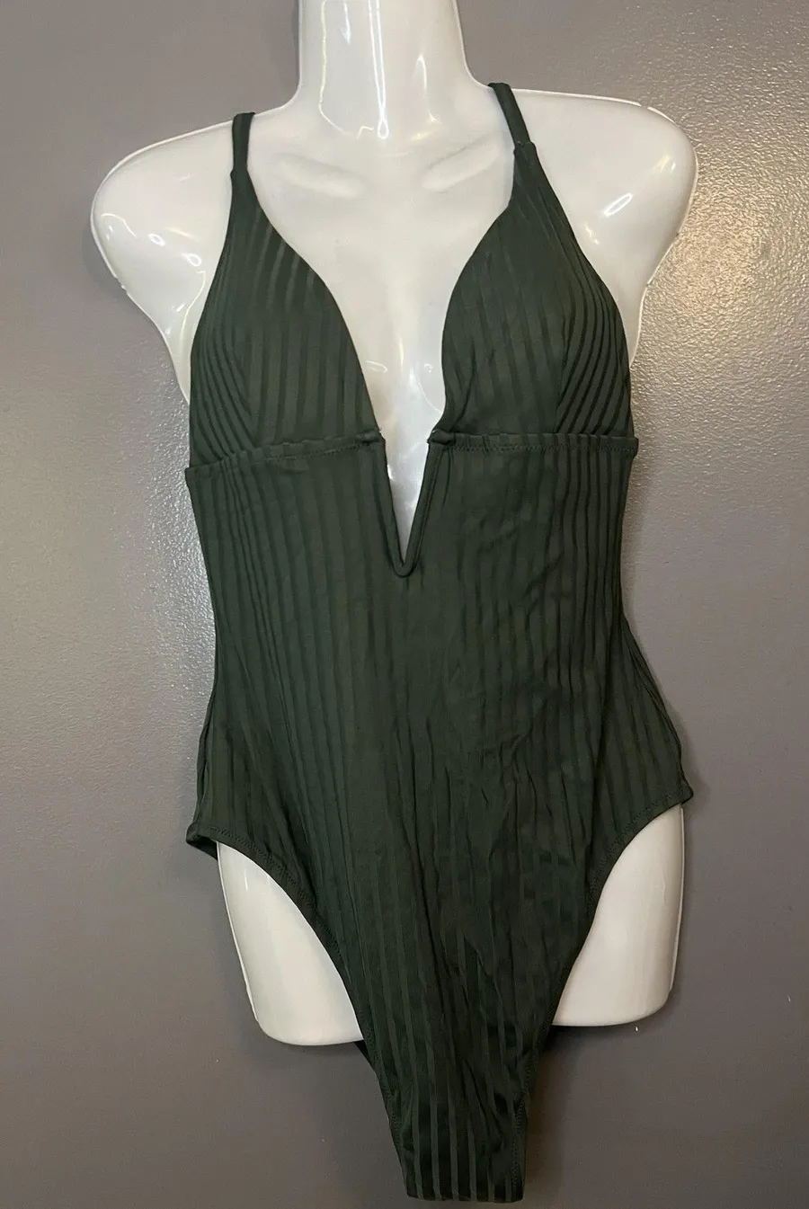 Shade & Shore Swimsuit Womens Large Green Ribbed Plunge One Piece Cutout Back