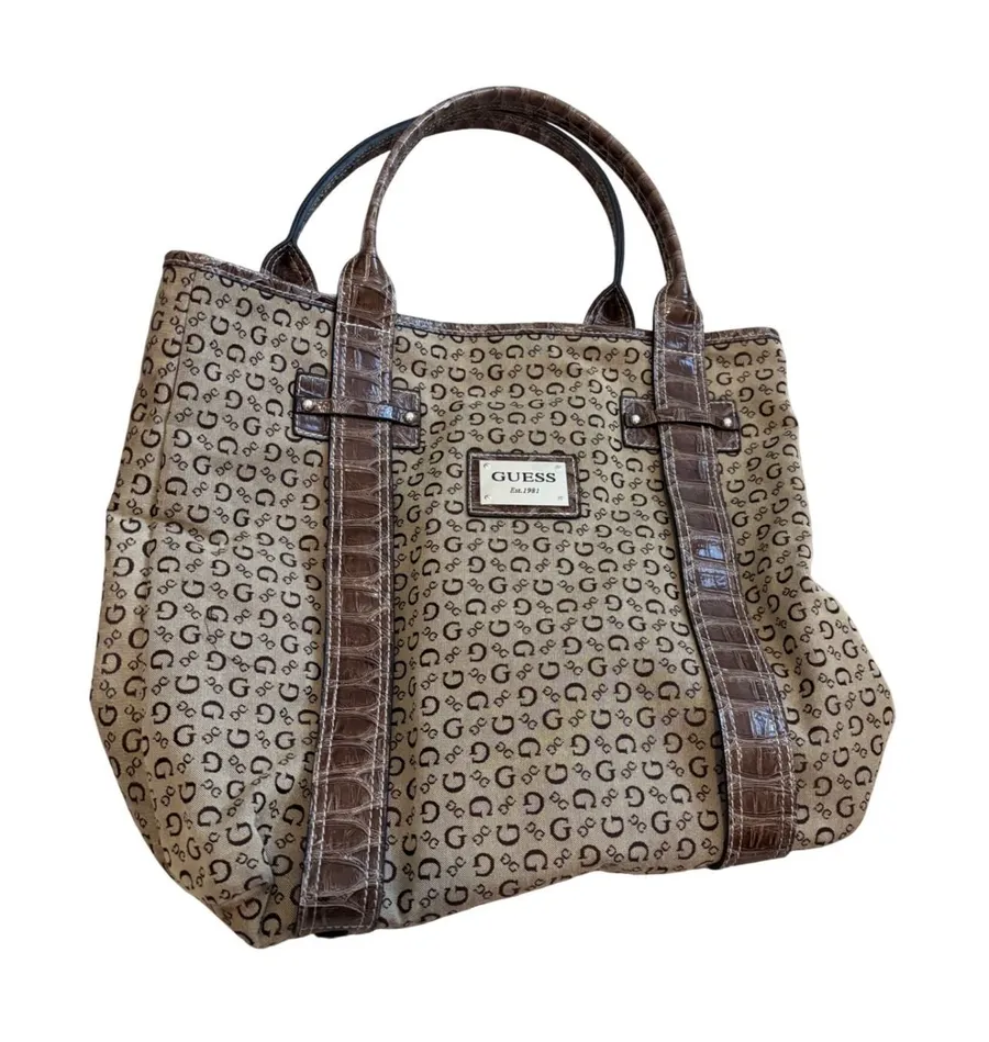 Guess Tote Bag Womens Large Brown Monogram Canvas Croc Embossed Y2K Style