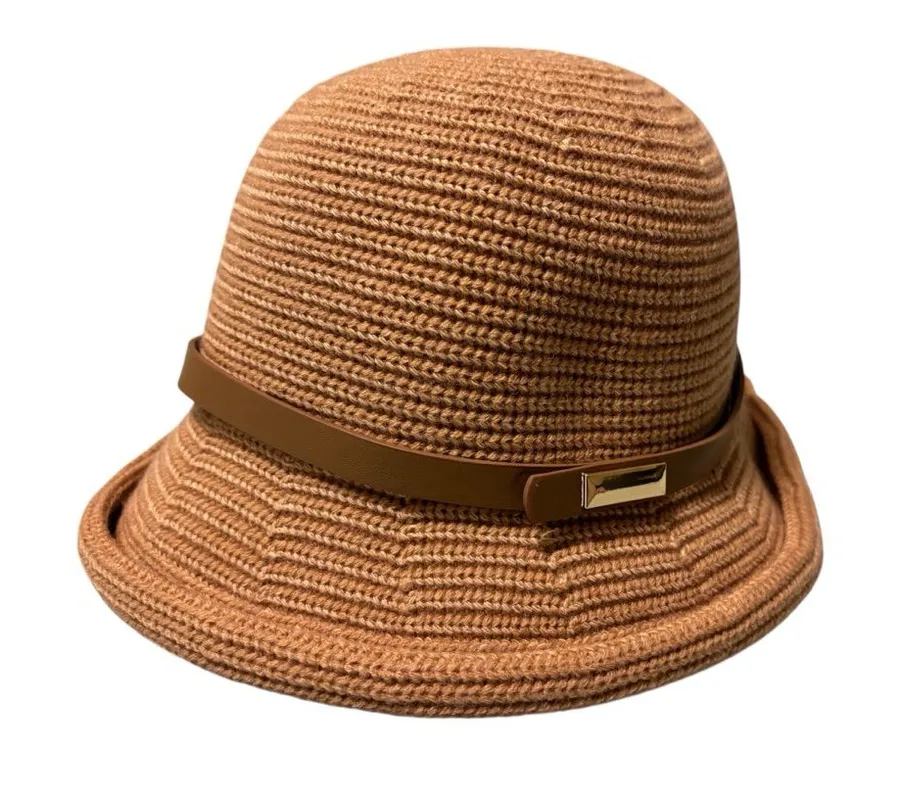 Chic Camel Knit Bucket Hat w/ Belt Detail – Lightweight Hat Brown