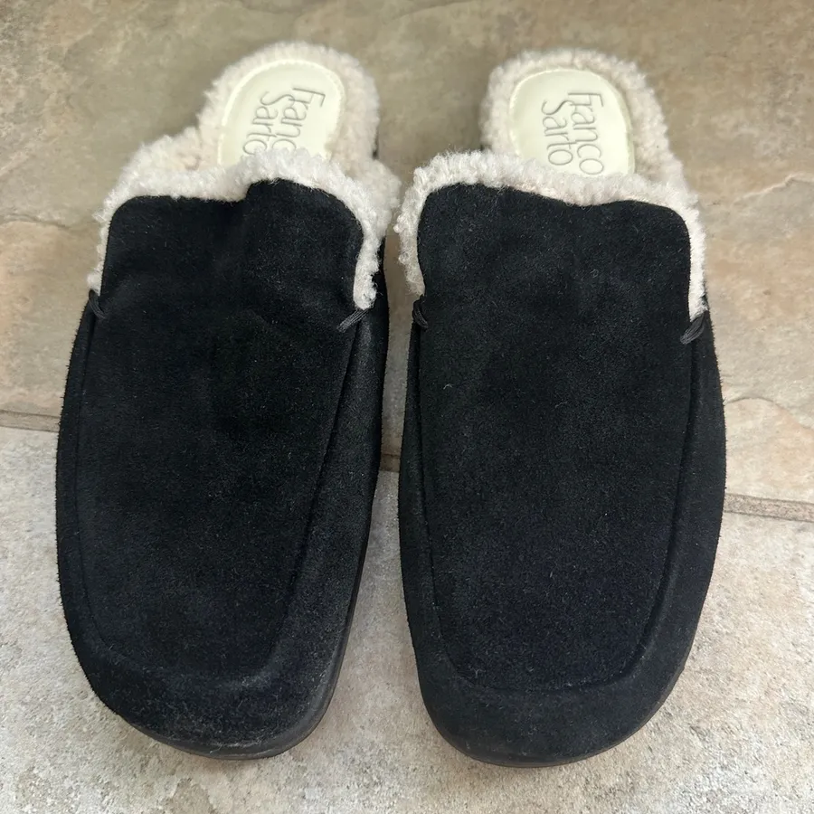 Franco Sarto Barris 2 Black Suede Leather Slip On Mule Loafer Shearling Size 6.5
