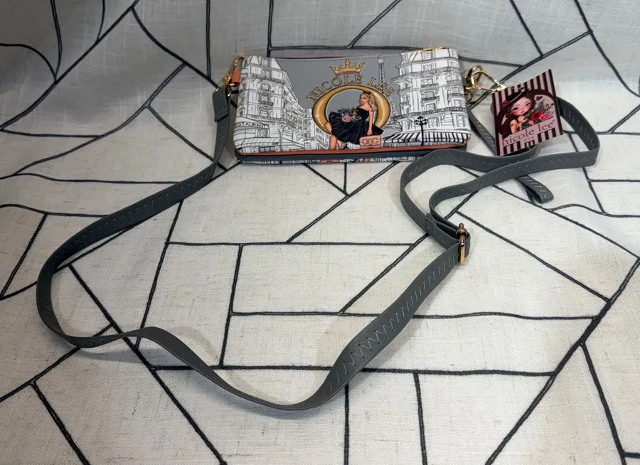 Nicole Lee Dreaming the City Crossbody Bag Small Gray Paris Graphic PRT7011 NWT