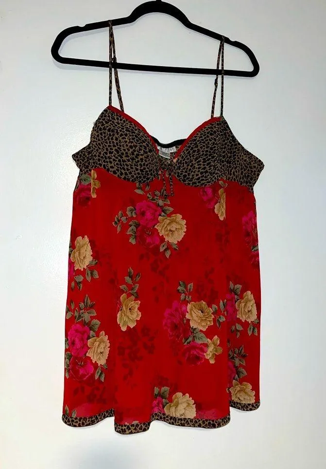 Vintage Seductive 90s Leopard & Floral Satin Slip Dress Sexy Babydoll Nightie Red Size XL
