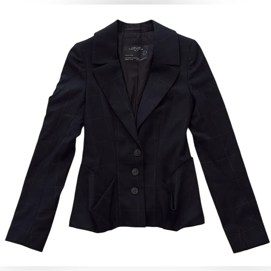 ALLSAINTS Wool Structured Blazer Jacket Black Gray Check Plaid UK 6 /US 2