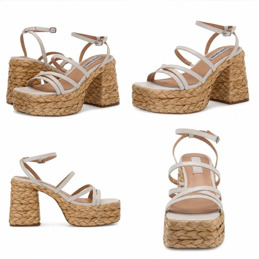 Steve Madden Belise White Leather Raffia Platform Heels 8 $130 Retail