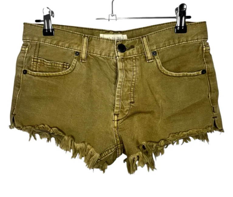 We The Free Free People Olive Green Button Fly Raw Hem Distressed Denim Shorts