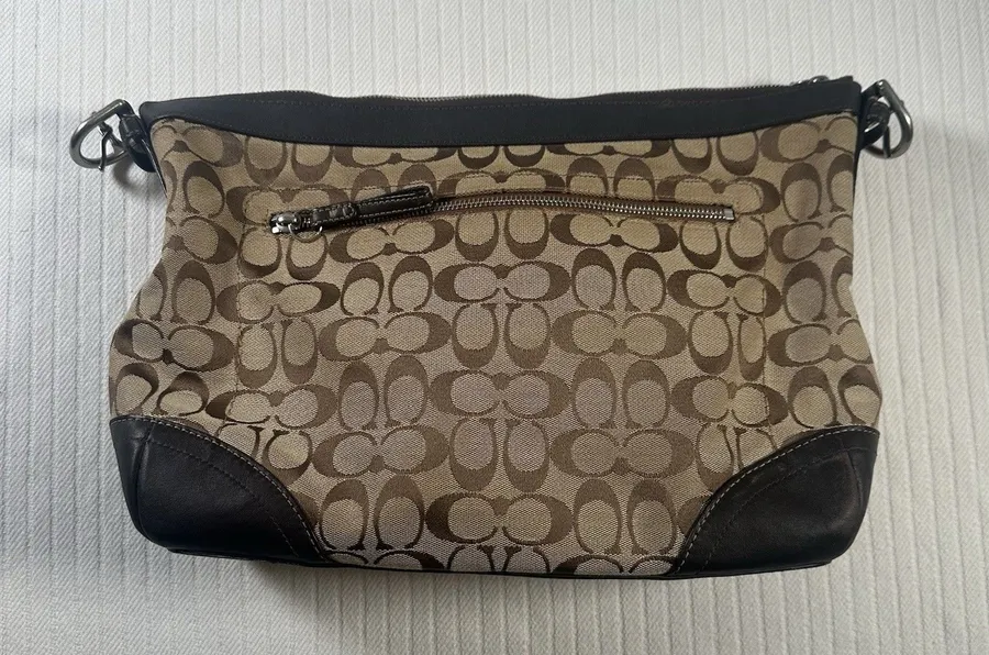 Coach Signature Canvas Crossbody Purse Brown Tan Leather Trim Bag Missing Chain