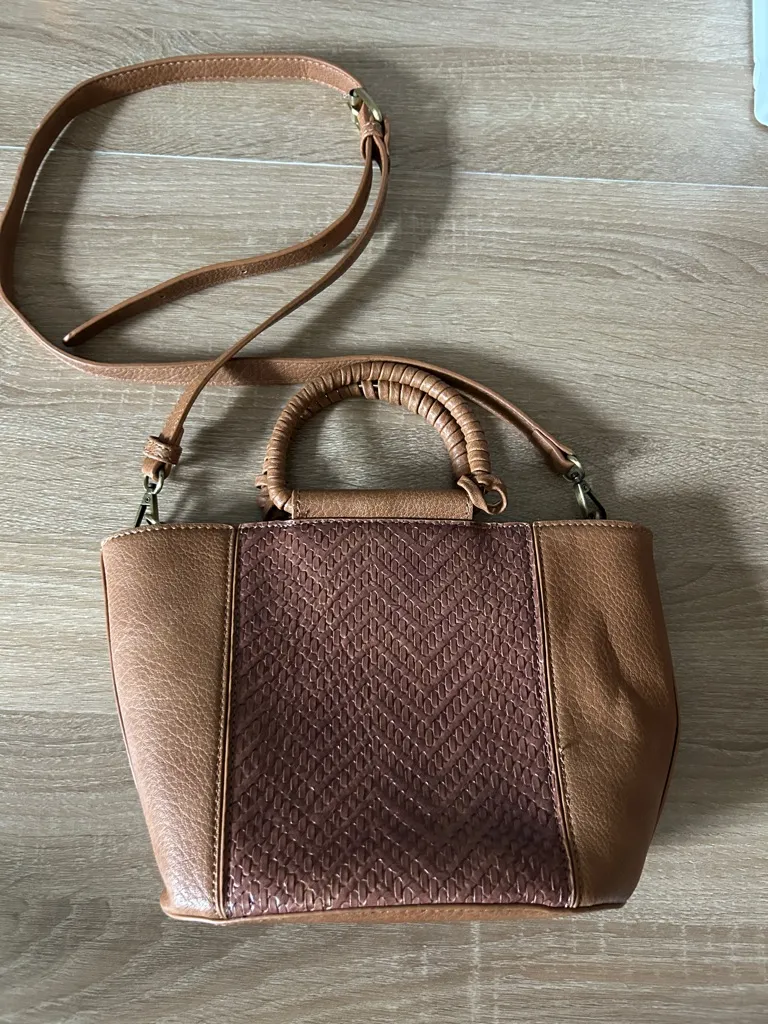 Anthropologie Tan faux Leather Woven-Accent Satchel with Strap