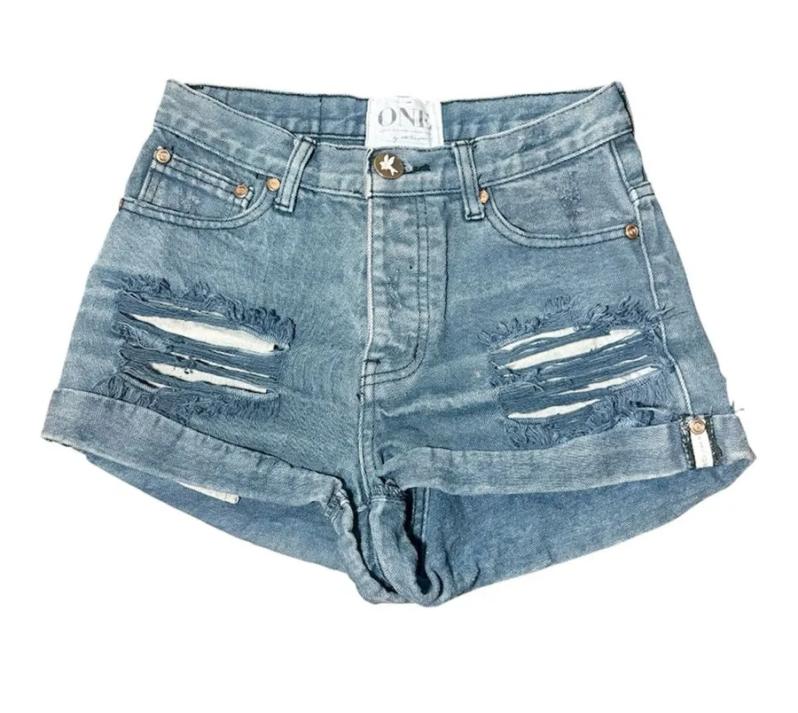 ONE TEASPOON Distressed High-Rise Blue Denim Shorts