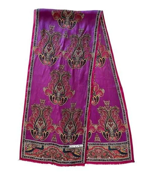 Vintage Oscar de la Renta Paisley Jewel-Tone Printed Silk Long Fringe Scarf