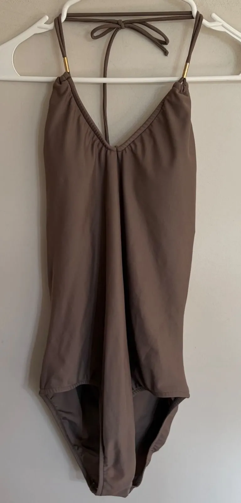 Venus Womens Brown Halter One Piece Swimsuit Gold Hardware Cage Back Size 12