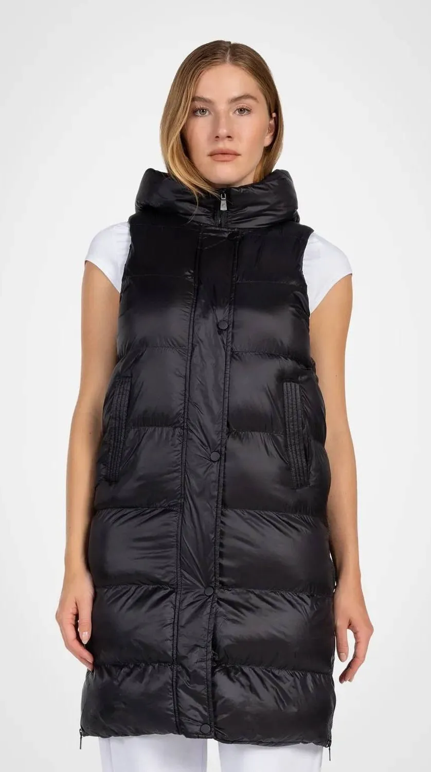 Kyodan Explorer Long Shine Puffer Vest Outdoor Women S Black Hooded Zip Jacket